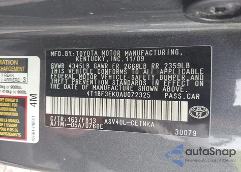 2010 Toyota Camry Le из США, поврежденный, VIN 4T1BF3EK0AU072325